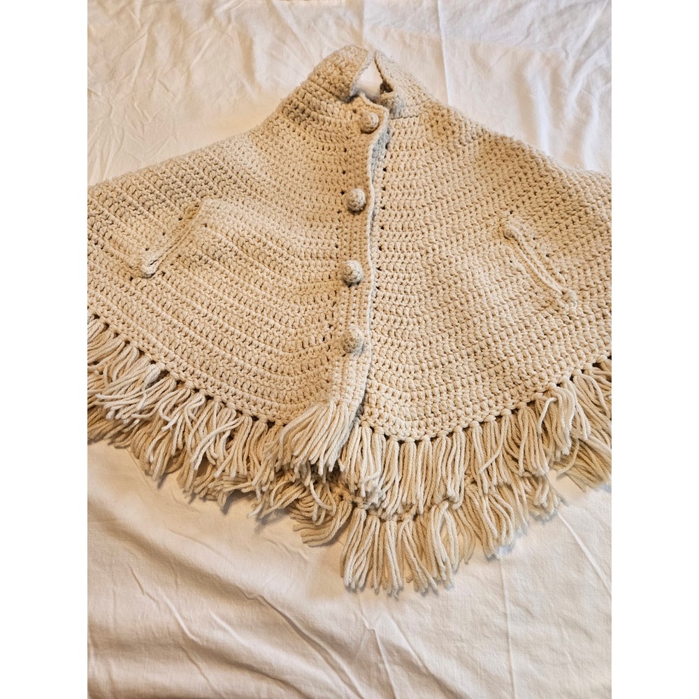 Kids Cream Crochet Cape‎ Poncho with Fringe Buttons